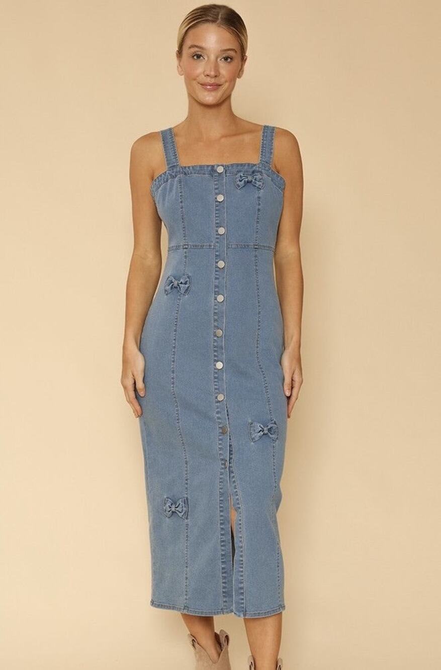 Miss Sparkling Women's Blue Denim Bow Accent Midi Dress Size S. NEW!